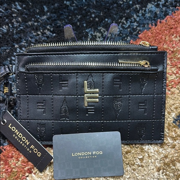 London Fog Collection Embossed Wristlet Clutch Double Pouch Black & Gold NWT - Picture 1 of 15